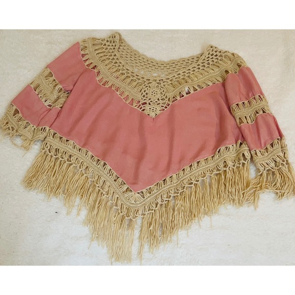 Umgee Tops - Umgee Pink Crochet Lace Fringe Boho Poncho Top Blouse Small Western Festival